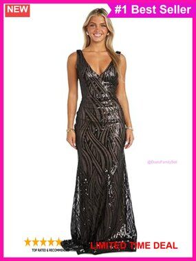 Sequin Swirl Maxi Dress V-Neck Open Back Power Mesh Formal Gown